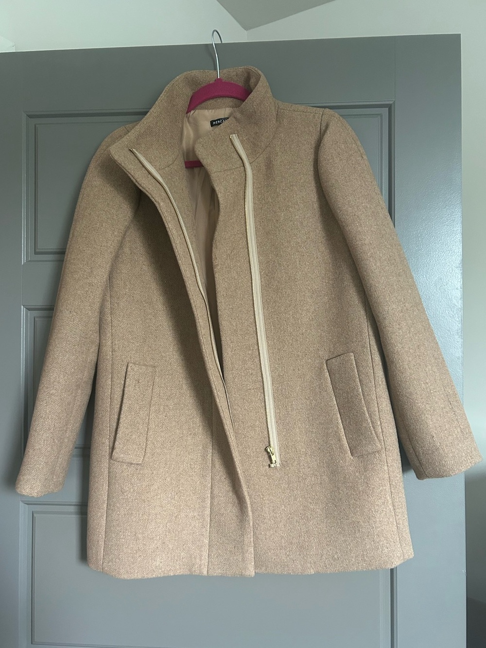 J. Crew Factory Funnel Neck Wool-Blend Camel Coat with Asymmetrical Zip